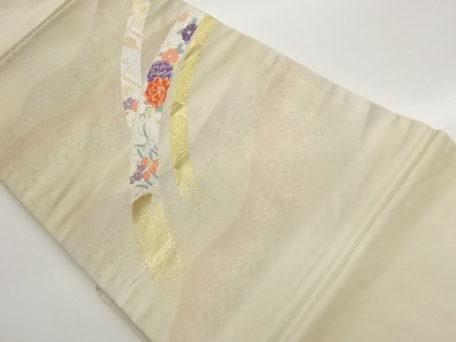 抽象曲線に花々・亀甲模様織出し名古屋帯